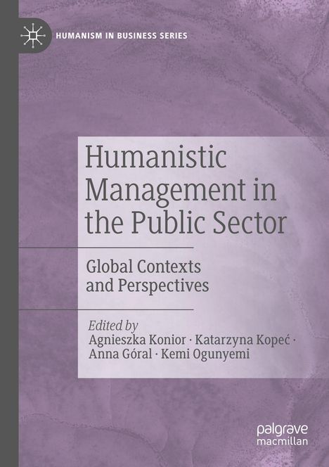 Text: "Humanistic Management in the Public Sector: Global Contexts and Perspectives". Cover in Lila mit Logo.