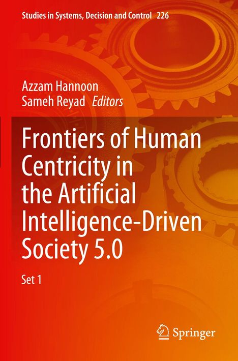 Buchtitel: "Frontiers of Human Centricity in the Artificial Intelligence-Driven Society 5.0". Hintergrund: Zahnräder in Orange.