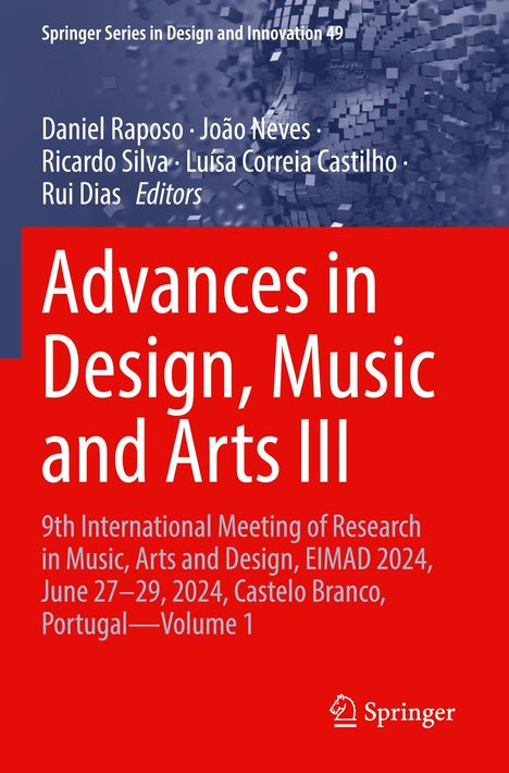 "Advances in Design, Music and Arts III" und Konferenzdetails in Weiß auf rotem Hintergrund, Springer-Logo.