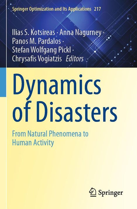 Buchtitel "Dynamics of Disasters". Autoren: Kotsireas, Nagurney. Springer-Logo unten, blauer Hintergrund.