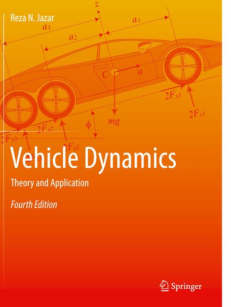 "Vehicle Dynamics: Theory and Application, Fourth Edition" von Reza N. Jazar, orangener Hintergrund mit Auto-Skizzen.