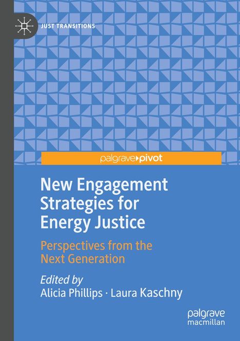 "New Engagement Strategies for Energy Justice" auf blauem Hintergrund mit geometrischem Muster.