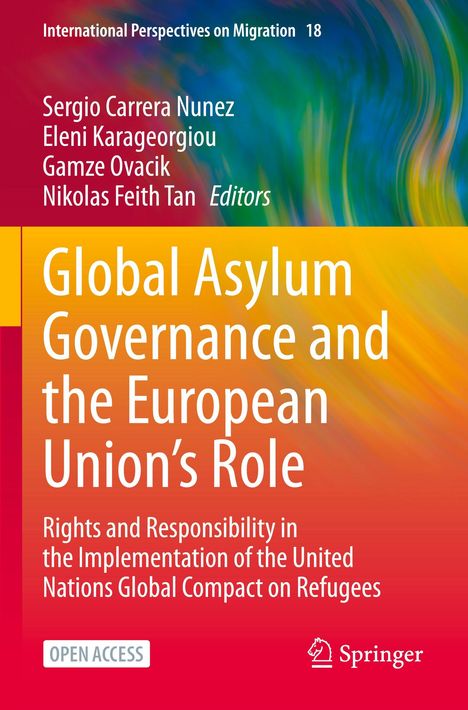 "Global Asylum Governance and the European Union’s Role" steht in großer Schrift auf einem bunten Hintergrund.