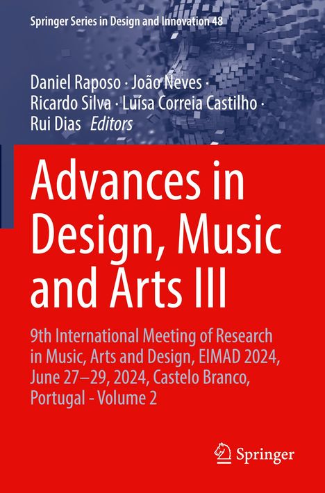 „Advances in Design, Music and Arts III“ in Weiß auf Rot, darunter Details zu EIMAD 2024. Oben Editorenliste auf Blau.