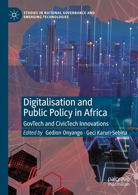 Buchtitel: "Digitalisation and Public Policy in Africa". Skyline mit leuchtenden Linien und Technologie-Icon.