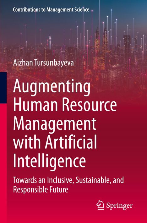 Buchtitel: "Augmenting Human Resource Management with Artificial Intelligence". Skyline mit Lichtstrahlen im Hintergrund.
