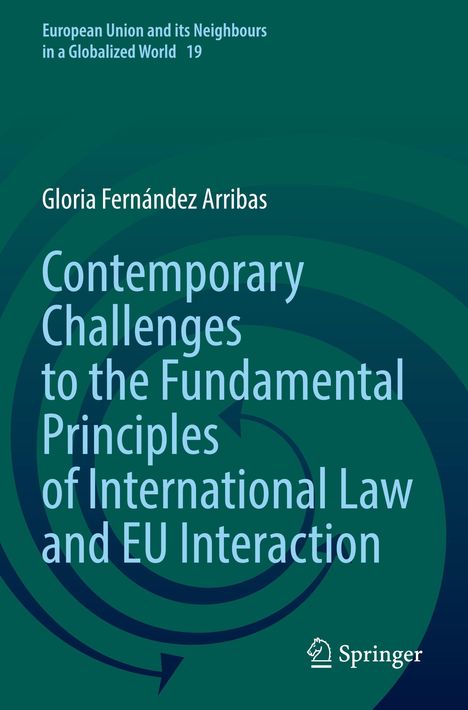 Titel: "Contemporary Challenges to the Fundamental Principles of International Law and EU Interaction" von Gloria Fernández Arribas. Grafik mit Spiralmuster.
