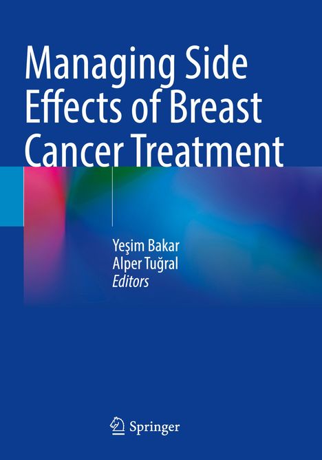 Großer, weißer Schriftzug auf blauem Hintergrund: „Managing Side Effects of Breast Cancer Treatment“. Unten rechts kleines Springer-Logo.