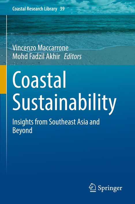 Buchtitel: Küstennachhaltigkeit. Autoren: V. Maccarrone, M. F. Akhir. Hintergrund: Strand und Meer. Springer-Logo unten.
