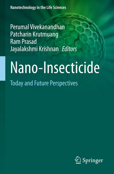 „Nano-Insecticide: Today and Future Perspectives“ von mehreren Editoren, grüner Hintergrund mit molekülartiger Struktur.