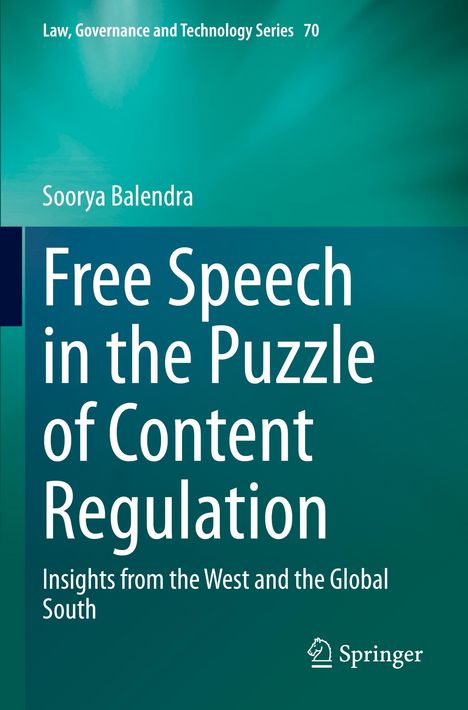 Buchtitel: "Free Speech in the Puzzle of Content Regulation" von Soorya Balendra. Grüntöne, Springer-Logo unten.