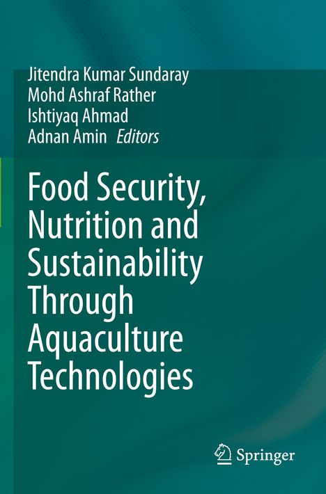 Titel: "Food Security, Nutrition and Sustainability Through Aquaculture Technologies". Grüne Farbverläufe, Springer-Logo.