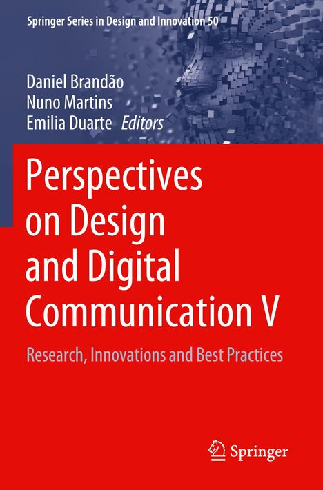"Perspectives on Design and Digital Communication V" in Weiß auf Rot, Gesicht aus 3D-Blöcken, Springer-Logo unten rechts.