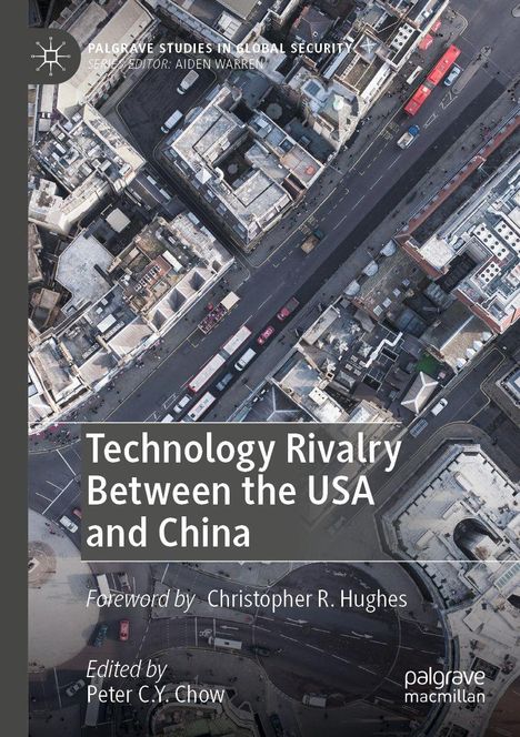 "Technology Rivalry Between the USA and China". Luftaufnahme einer Stadt mit Straßen und Gebäuden.