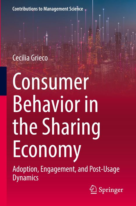 Text: "Consumer Behavior in the Sharing Economy". Hintergrund: Stadtansicht mit Lichtern und vertikalen Linien.