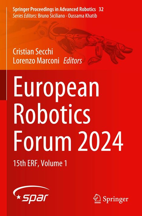 "European Robotics Forum 2024" in Weiß auf Rot, mechanische Hand im Hintergrund, Logo unten links.