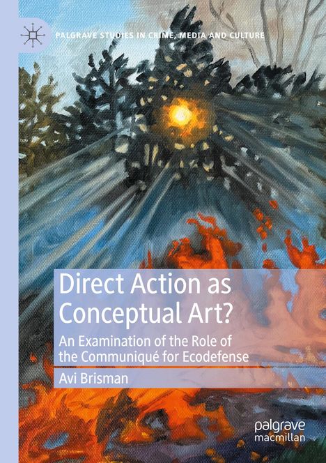 Aufschrift: "Direct Action as Conceptual Art?" Illustration zeigt brennenden Wald, abstrakte Kunst mit leuchtenden Farben.