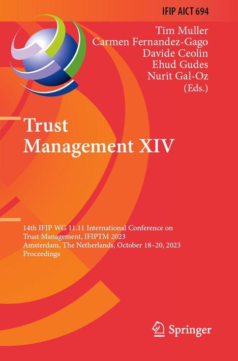 Titel: "Trust Management XIV". Konferenzdetails: Amsterdam, 18.-20. Oktober 2023. Illustration: Farbkugel und Kreise auf rotem Hintergrund.