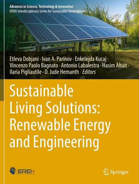 Titel: "Sustainable Living Solutions: Renewable Energy and Engineering". Hintergrund zeigt Solarpaneele in grüner Umgebung.