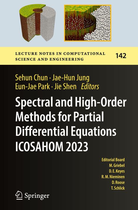 Ein Buchcover mit dem Titel „Spectral and High-Order Methods for Partial Differential Equations ICOSAHOM 2023“, Herausgeber genannt, Diagramm oben links.