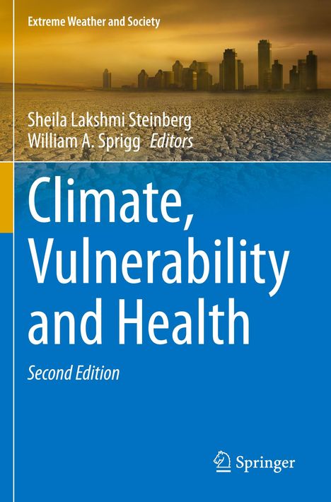 Buchtitel "Climate, Vulnerability and Health", zweites Bild oben: Stadt bei trockenem, rissigem Boden. Springer-Logo.