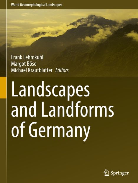 „Landscapes and Landforms of Germany“. Gelbe Schrift auf braunem Hintergrund, Berglandschaft mit Wolken oben.