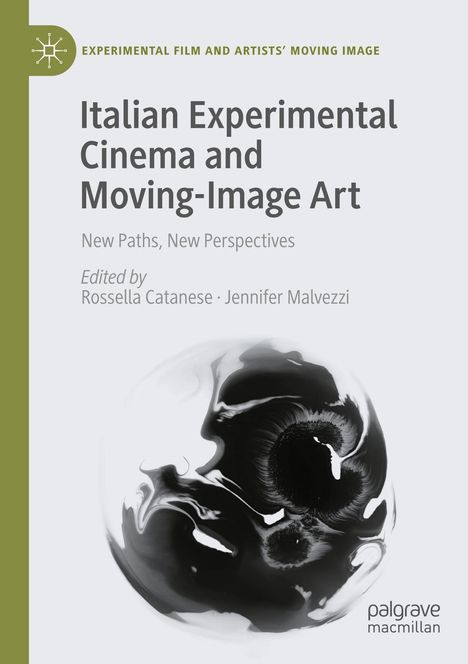 Titel: "Italian Experimental Cinema and Moving-Image Art". Abstrakte schwarz-weiße Illustration.