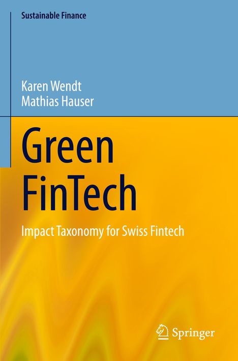 Buchtitel: "Green FinTech". Autoren: Karen Wendt, Mathias Hauser. Oberer Teil blau, unterer gelb mit grünen Akzenten.