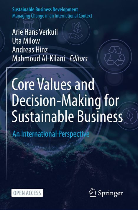 "Core Values and Decision-Making for Sustainable Business" mit Erdkugel, Natur und Recycling-Symbolen auf dunkelblauem Hintergrund.