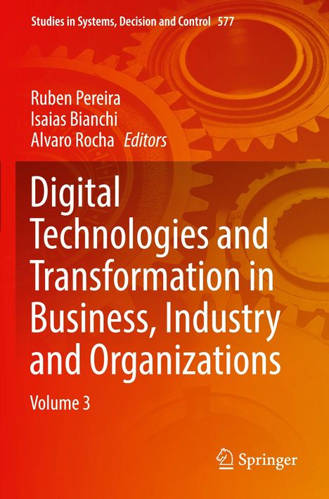 Titel: "Digital Technologies and Transformation in Business, Industry and Organizations, Volume 3". Zahnrad-Hintergrund.