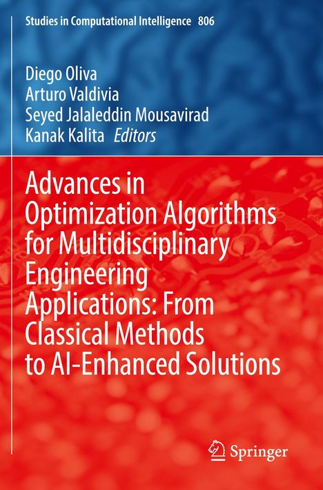 E-Book-Cover mit Titel "Advances in Optimization Algorithms..." und Namen von Editoren. Rote und blaue Hintergründe.
