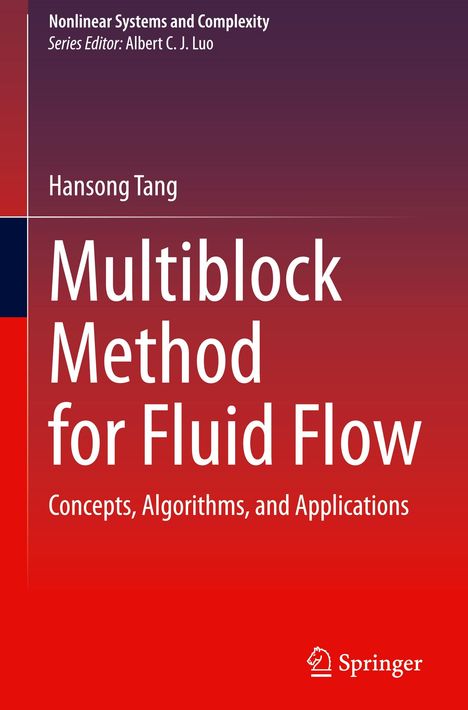Text über Multiblock Method for Fluid Flow, unterteilt in "Concepts, Algorithms, and Applications". Roter Hintergrund, Springer Logo.