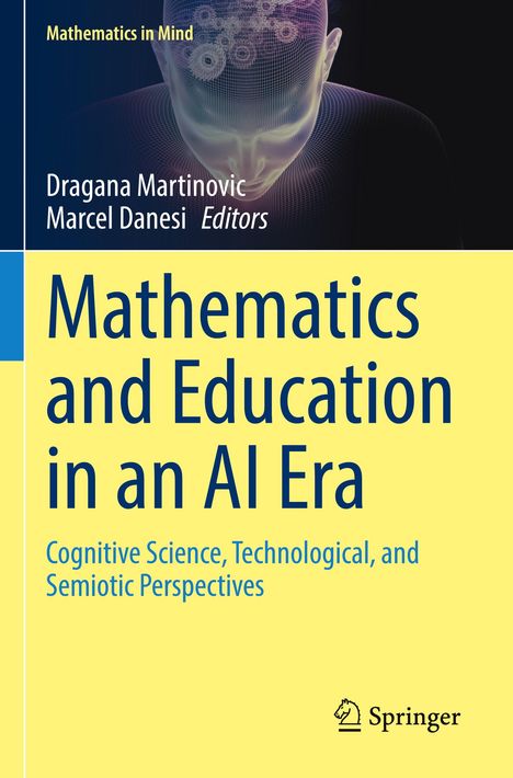Titel: Mathematics and Education in an AI Era. Illustration: Mensch mit digitalem Kopfmodell, Zahnräder sichtbar.