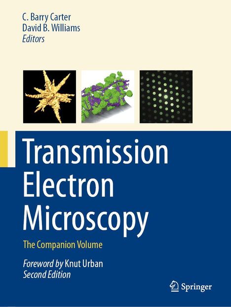 "Transmission Electron Microscopy" in weißem Text auf blauem Hintergrund, oben drei wissenschaftliche Abbildungen.