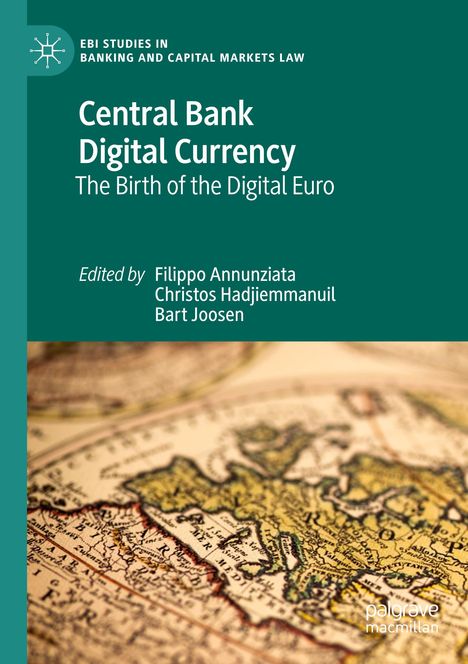 „Central Bank Digital Currency: The Birth of the Digital Euro“ steht vor einer alten Europakarte in warmen Farben.