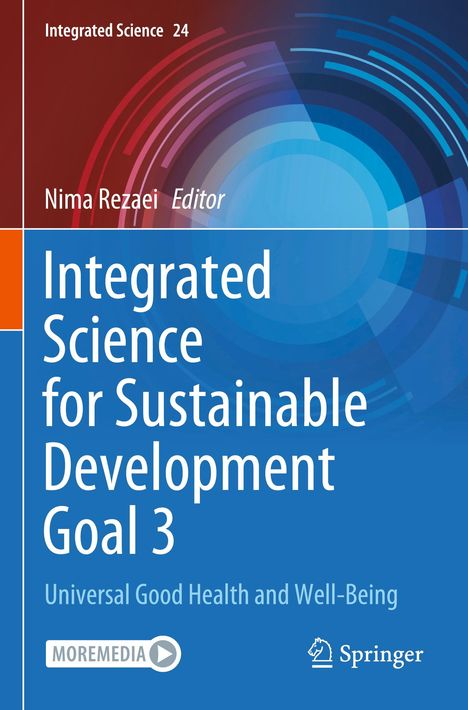 In weißer Schrift: "Integrated Science for Sustainable Development Goal 3". Hintergrund in Rot- und Blautönen, Logo unten.