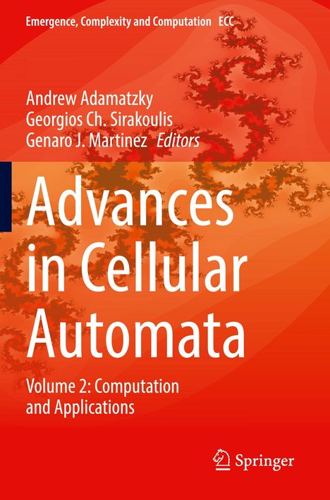 „Advances in Cellular Automata, Vol 2: Computation and Applications“. Orange Hintergrund mit Fraktalmuster.