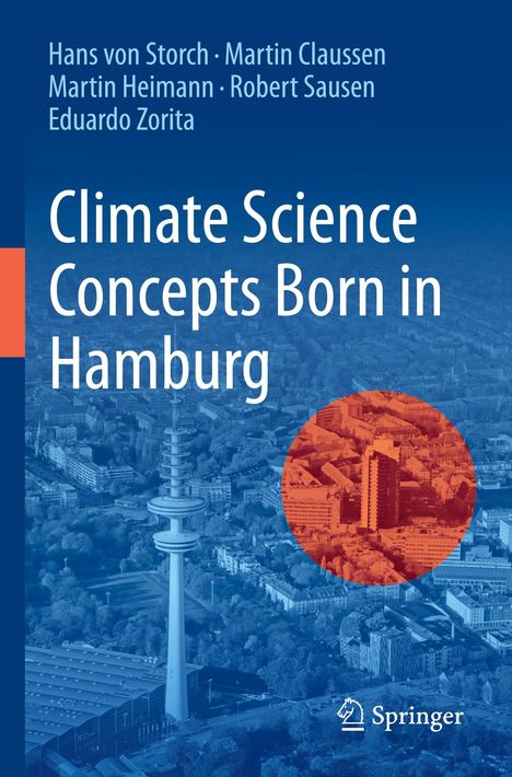 „Climate Science Concepts Born in Hamburg“. Autorenname oben. Illustration: Stadtansicht in Blau mit rotem Kreis. Springer-Logo unten.