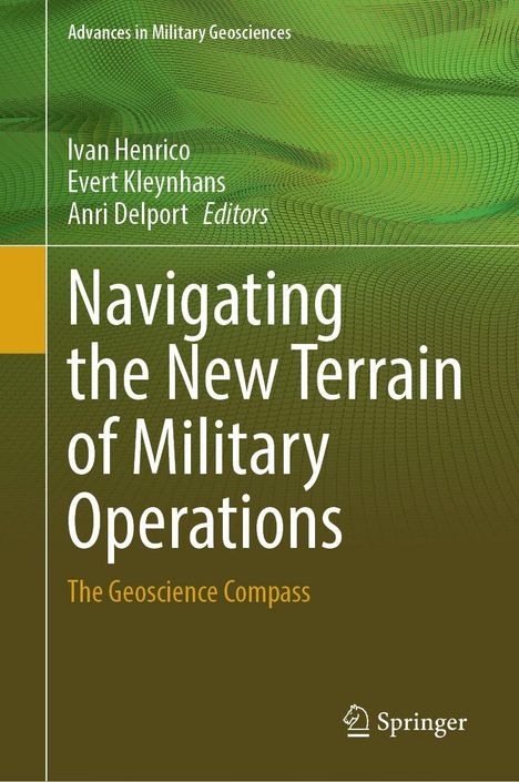 „Navigating the New Terrain of Military Operations. The Geoscience Compass.” Grüne, wellenartige Hintergrundgrafik.