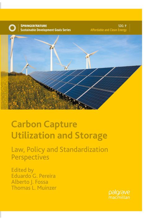 „Carbon Capture Utilization and Storage“ Buchcover, gelbe Farbgestaltung, Solar- und Windkraftanlagen im Hintergrund.