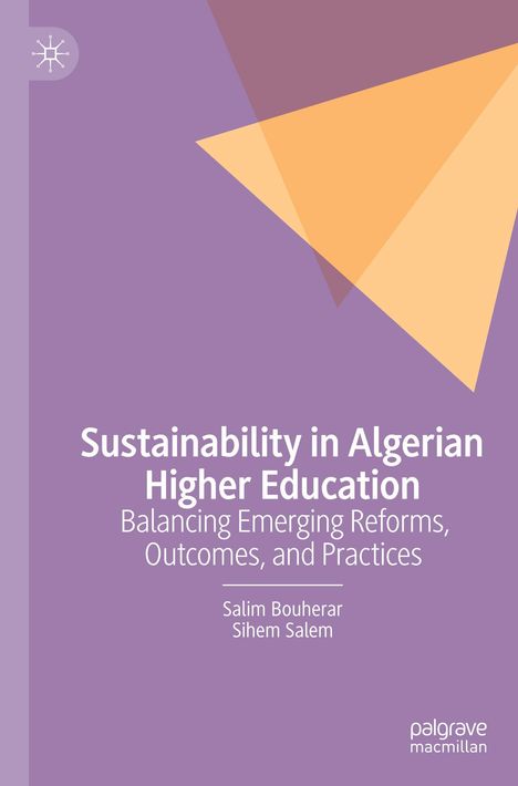 Text: "Sustainability in Algerian Higher Education: Balancing Emerging Reforms, Outcomes, and Practices." Autoren: Salim Bouherar, Sihem Salem. Violetter Hintergrund, geometrische Formen.