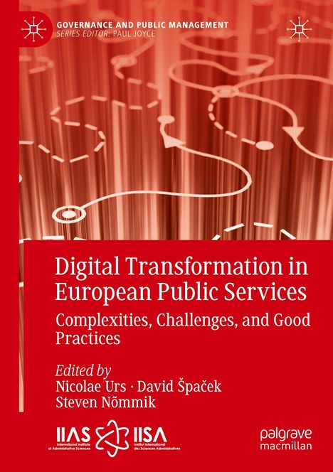 Titel: Digital Transformation in European Public Services. Untertitel: Complexities, Challenges, and Good Practices. Rotes abstraktes Muster im Hintergrund.