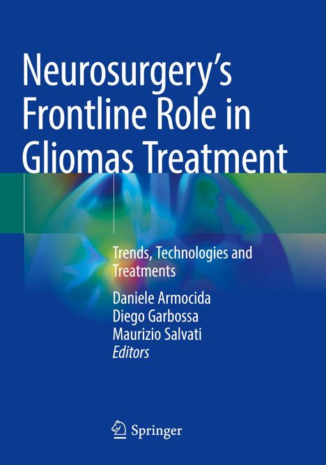 „Neurosurgery's Frontline Role in Gliomas Treatment“, Untertitel und Herausgeber. Blaues Cover mit abstraktem Design.