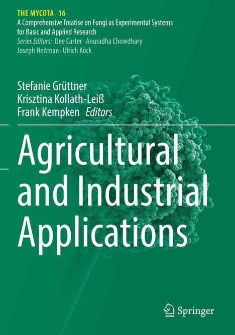 Oben Titel: "THE MYCOTA 16", essenziell über Pilzanwendungen. Unten Text: "Agricultural and Industrial Applications". Grünen Hintergrund mit mikroskopischem Fungus.