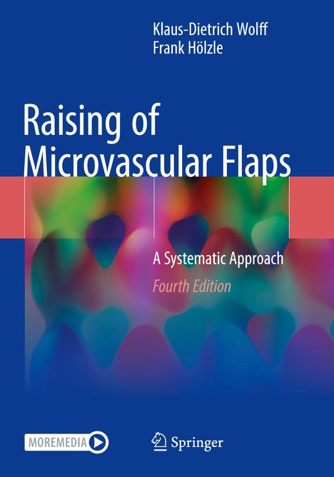 Auf blauem Hintergrund: "Raising of Microvascular Flaps", "A Systematic Approach", "Fourth Edition". Abstrakte Farbmuster.