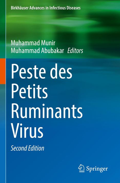Titel: "Peste des Petits Ruminants Virus". Zweite Edition. Autoren: Muhammad Munir, Muhammad Abubakar. Grüne und blaue Farbverläufe.