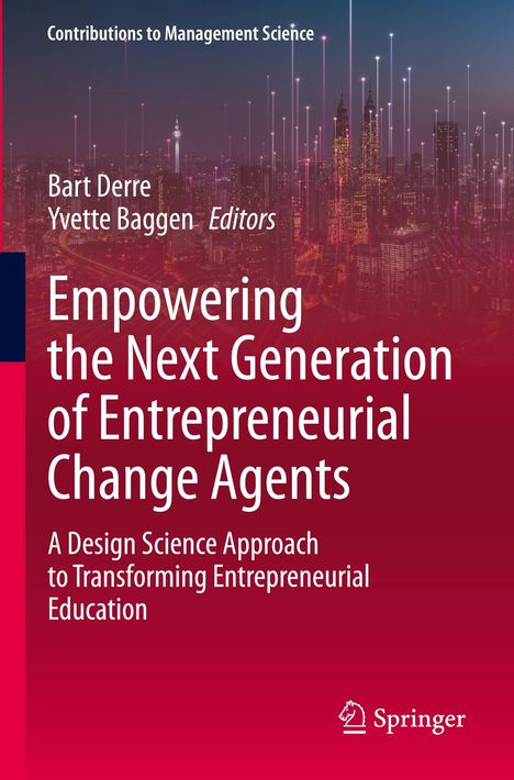 Text: "Empowering the Next Generation of Entrepreneurial Change Agents". Skyline mit leuchtenden Linien im Hintergrund.