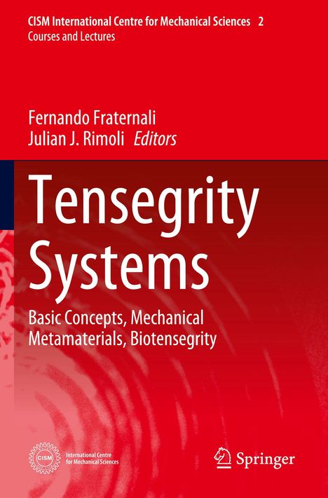 Titel: "Tensegrity Systems". Autoren: Fernando Fraternali, Julian J. Rimoli. Texte: Konzepte, Materialien, Biotensegrity. Logos unten.