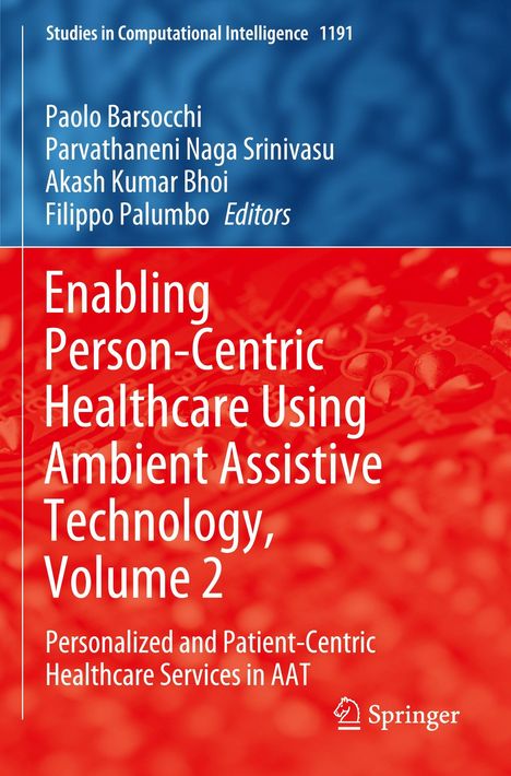 Text: "Enabling Person-Centric Healthcare Using Ambient Assistive Technology, Volume 2". Oberer Bereich: Blau, unterer Bereich: Rot.