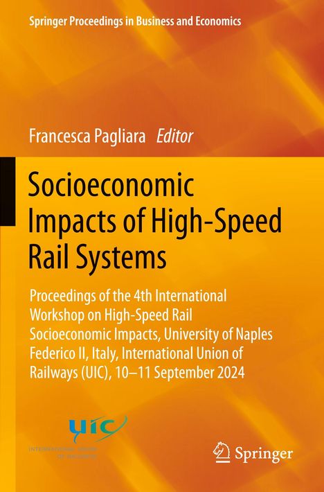 Titel: Socioeconomic Impacts of High-Speed Rail Systems. Orange Hintergrund mit UIC-Logo und Springer-Logo.